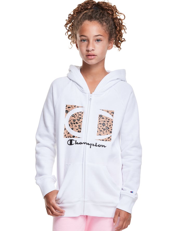 Champion Hoodie Meisjes - Wit - Fleece Raglan Full Zip Leopard Knockout Logo ( 219648-RHM )